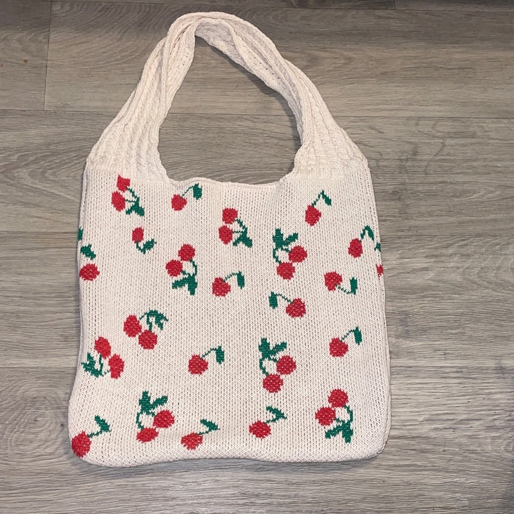 Cream Knitted Tote Bag with Red and Green Cherry Design 🫏